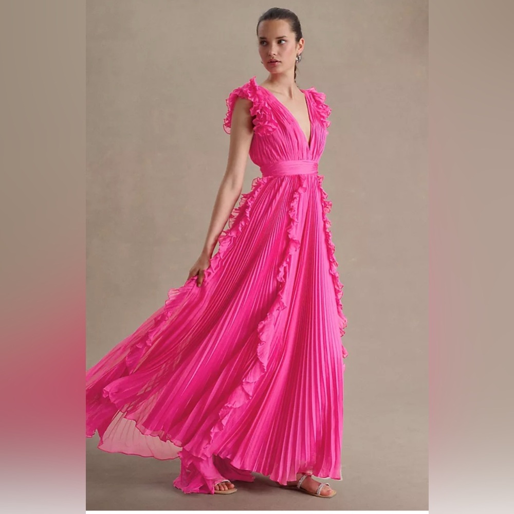 MAC DUGGAL Pleated Ruffle Cap Sleeve Chiffon Gown in Fuchsia Size US 8 NWT